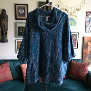 CATHERINES size 3X Shimmery Metallic Blues & Teal Cowl Neck Tunic Sweater